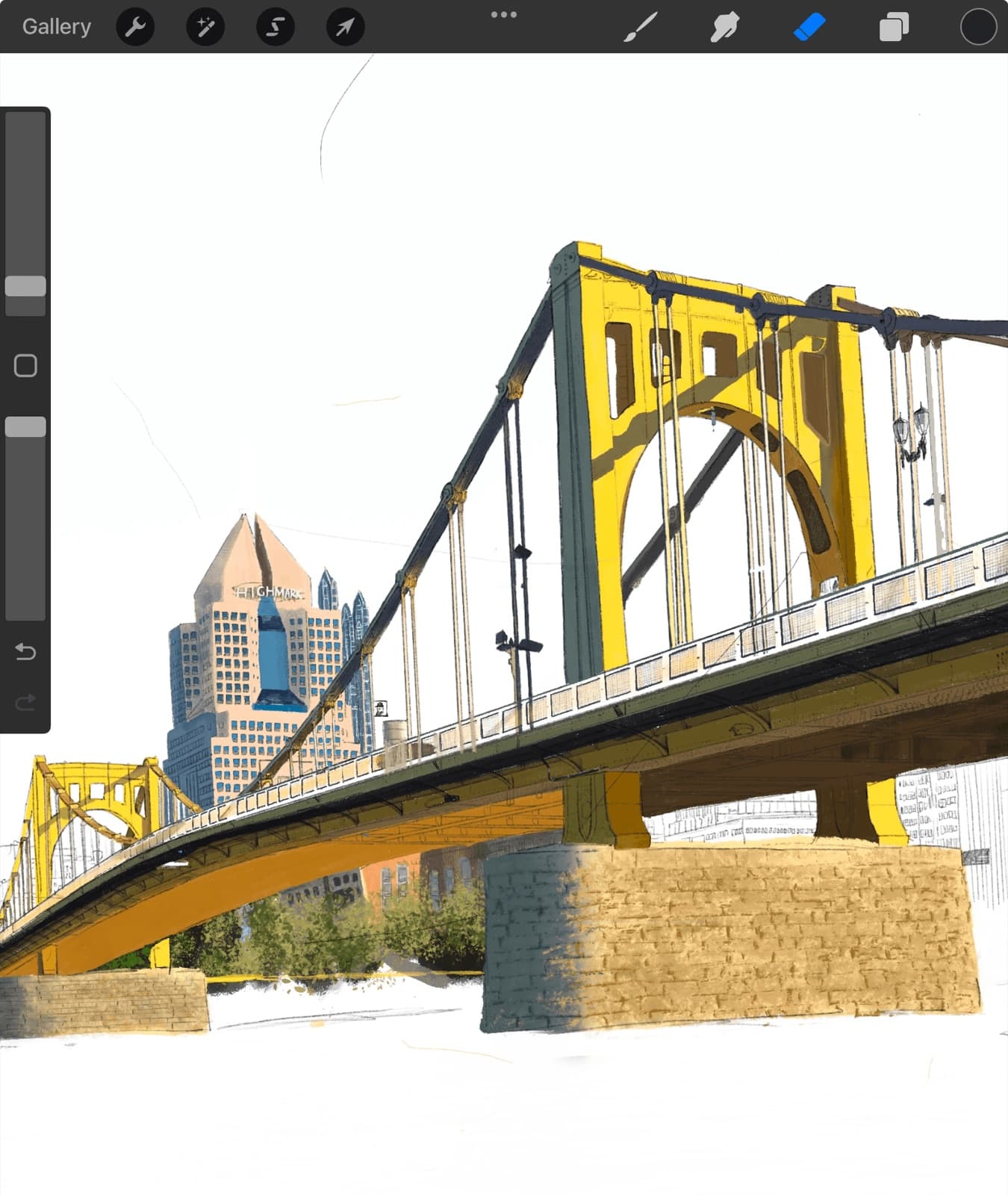 A work-in-progress digital painting of a yellow Pittsburgh bridge