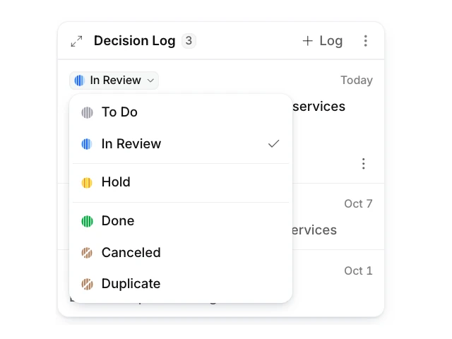 A Decision Log item's status menu open: To Do, In Review, Hold, Done, Canceled, Duplicate