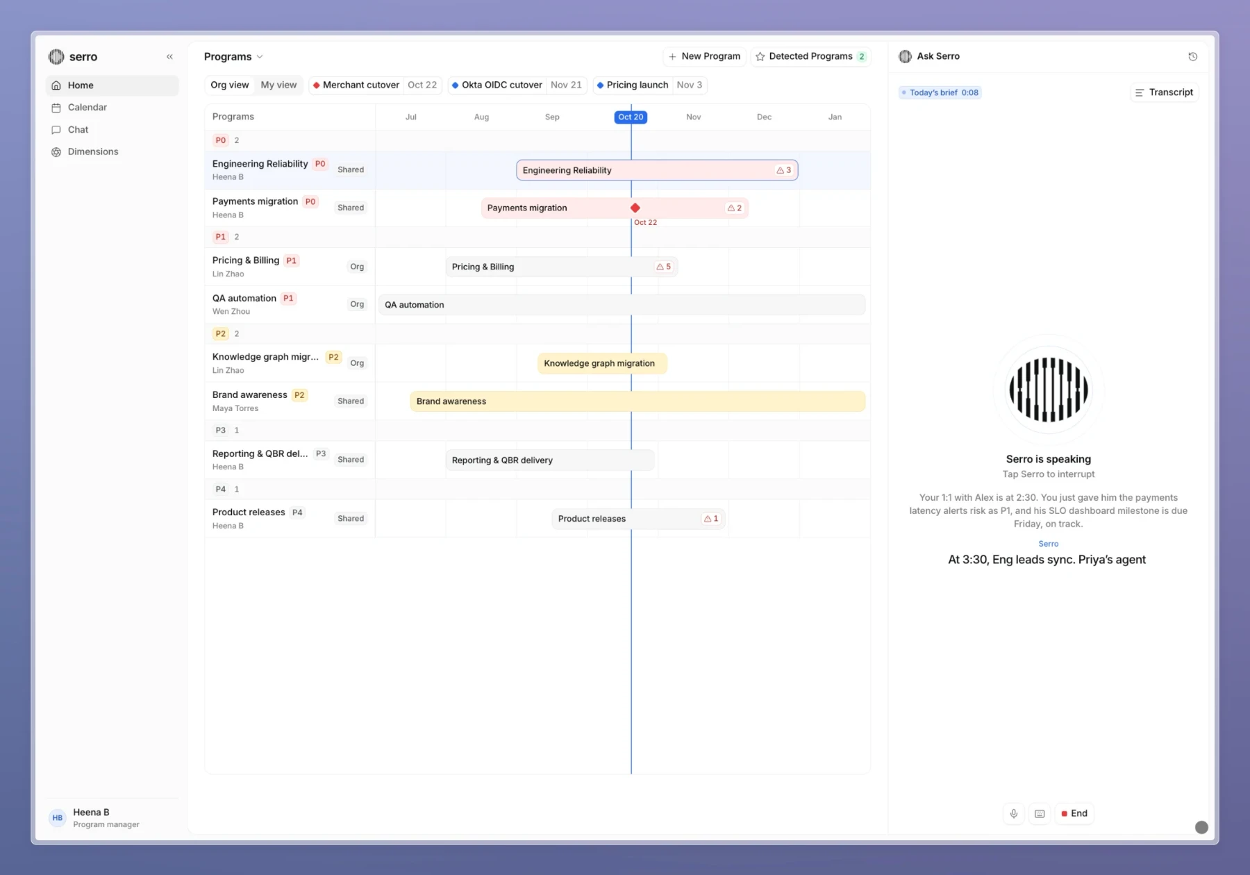 The Programs timeline with Ask Serro reading today’s brief aloud: Serro is speaking, with a live transcript of the next meetings