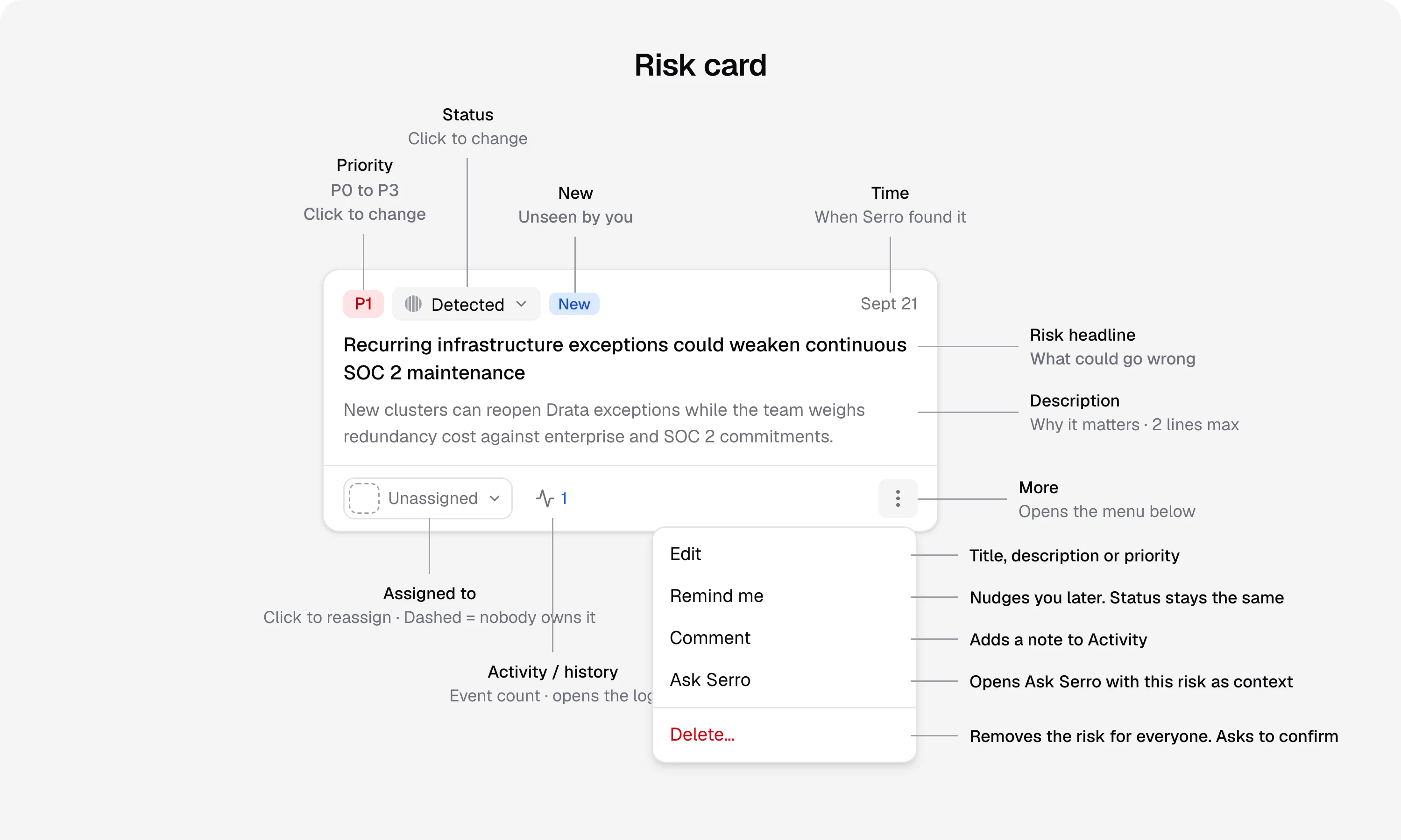 Risk card anatomy: priority, status, new tag, time found, headline, description, owner, activity count and the More menu