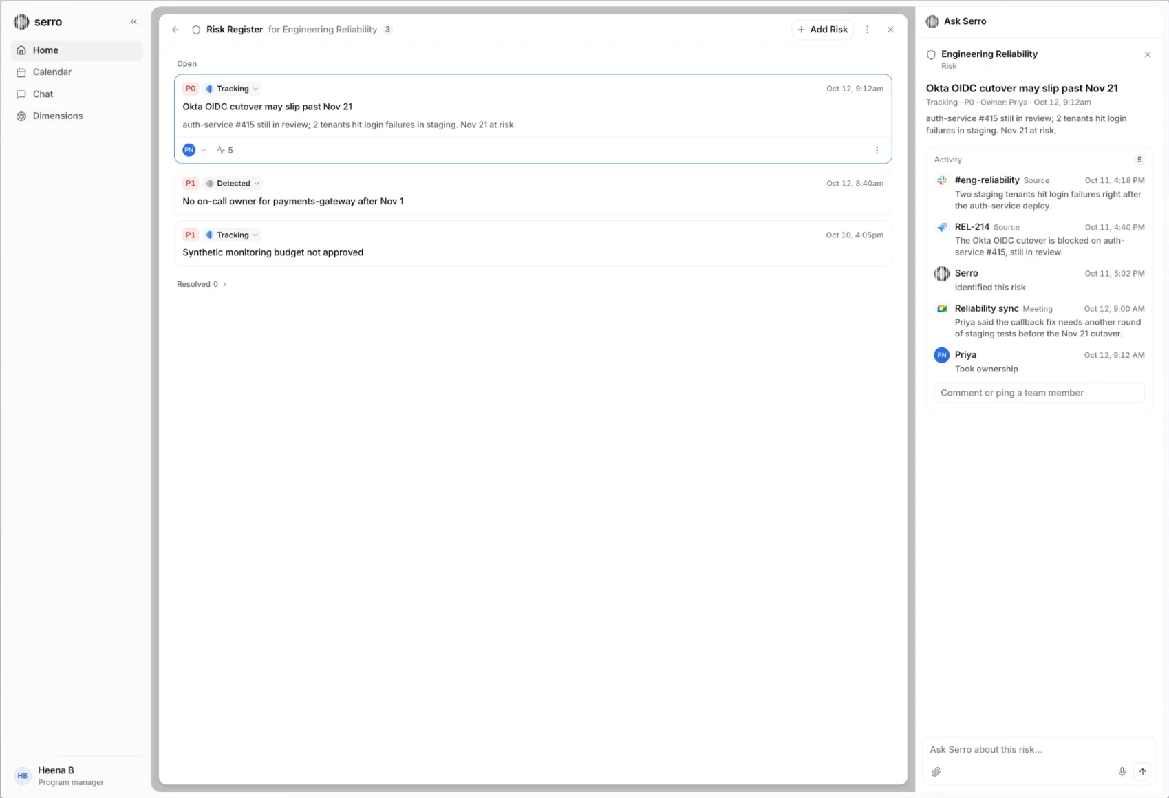 A risk selected in the Risk Register: Ask Serro shows its activity from Slack, Jira, Serro, a meeting and its owner, with a box to comment or ask about the risk
