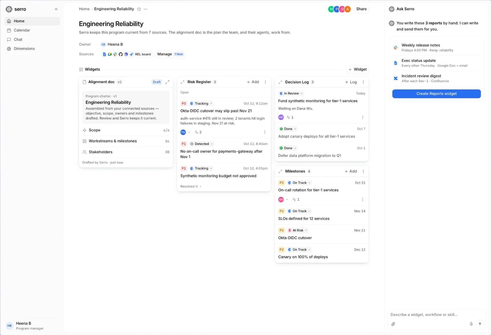 The Engineering Reliability program page: the alignment doc, Risk Register, Decision Log and Milestones widgets side by side, with Ask Serro offering to write the team's three hand-written reports