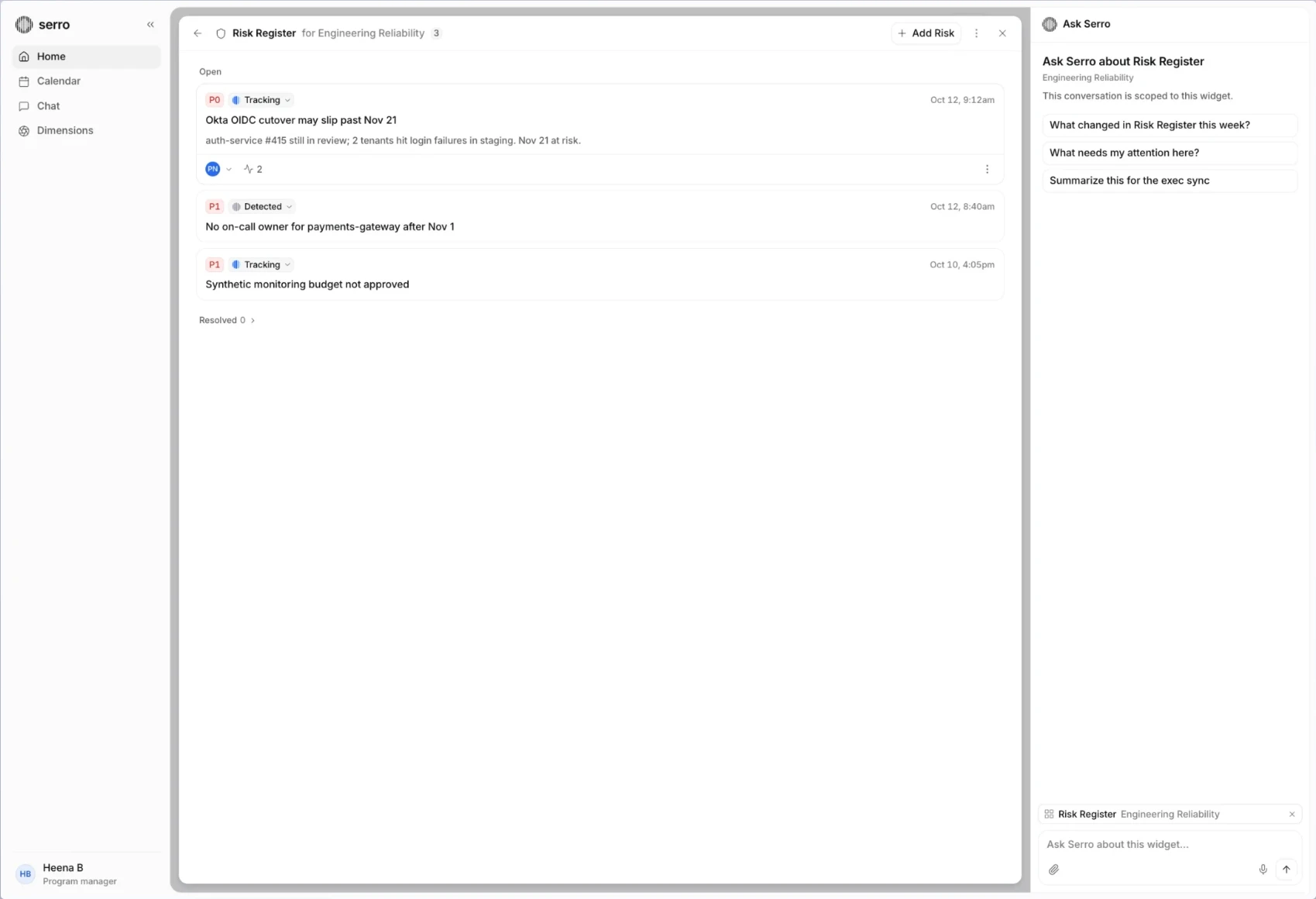 The Risk Register opened to fill the page, with its three open risks, and Ask Serro on the right scoped to the widget with suggested questions